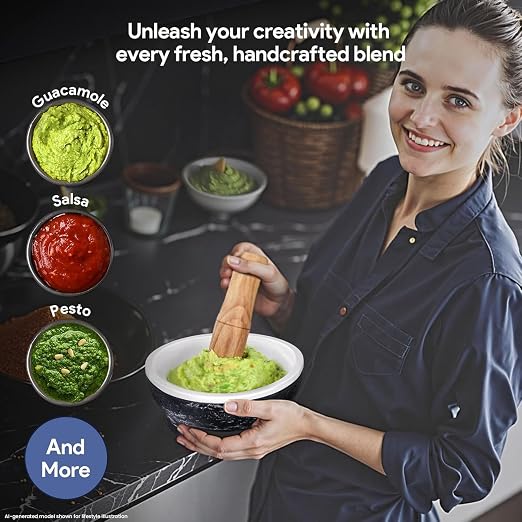 No Rock Powder 2 Cup Mortar and Pestle Set with Silicone Covers, 6.5 Inch World's 1st Lightweight Molcajete Mexicano with Grinding Ridge, High Efficiency for Guacamole, Spice and Herb, Gift