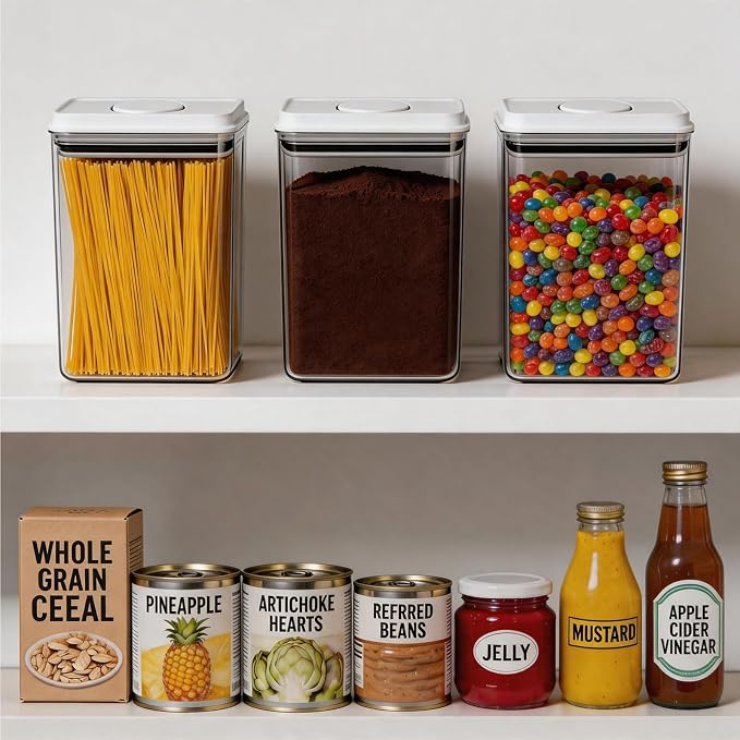 Pop Push Button Airtight Food Storage Containers Baking Set 5 Pcs | BPA-Free Stackable Canisters with Scoops – 3 Sizes for Flour, Sugar, Baking Soda, Cocoa Powder, Pantry & Baking Essentials