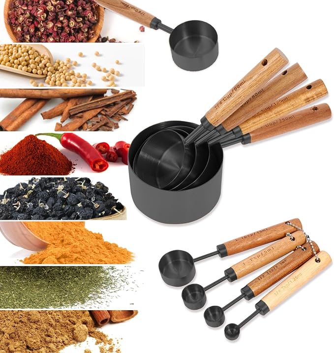 Measuring Cups and Spoons Set with Fragrant Wood Handles, Microwave safe | Premium Stainless Steel, Dishwasher safe, Precision Measuring Cup Set for the Kitchen Enthusiast , 8 Piece (Black)