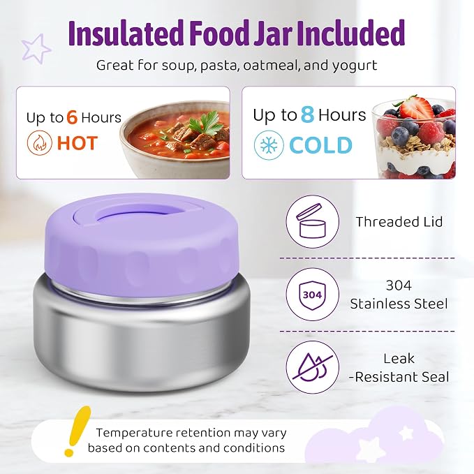 Bento Box for Kids with Thermo Food Container (9oz), 4-Compartment Lunch Box, Adjustable Divider, Leakproof Bento Lunch Box, Includes Utensils & Carry Bag for School, Office(Purple)