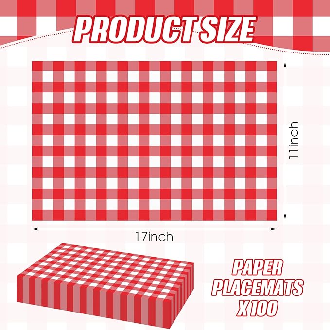 100 Pcs Checkered Paper Placemats Birthday Party Supplies Disposable Placemats for Kids Baby Shower Men Party Decorations Favors 11 x 17 Inch(Red, White)