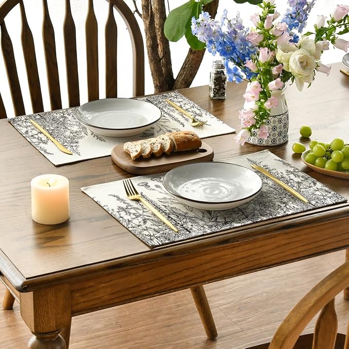 Artoid Mode Grey Antique Herbs and Wild Flowers Spring Placemats Set of 4, 12x18 Inch Seasonal Table Mats for Party Kitchen Dining Decoration
