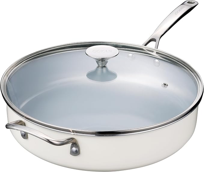 Nonstick Sauté Pan with Lid 5 QT Deep Frying Pan with Stainless Steel Handle 12 inch Large Skillet Ceramic Jumbo Cooker for Cooking Induction Compatible Frying Pan, Cream White
