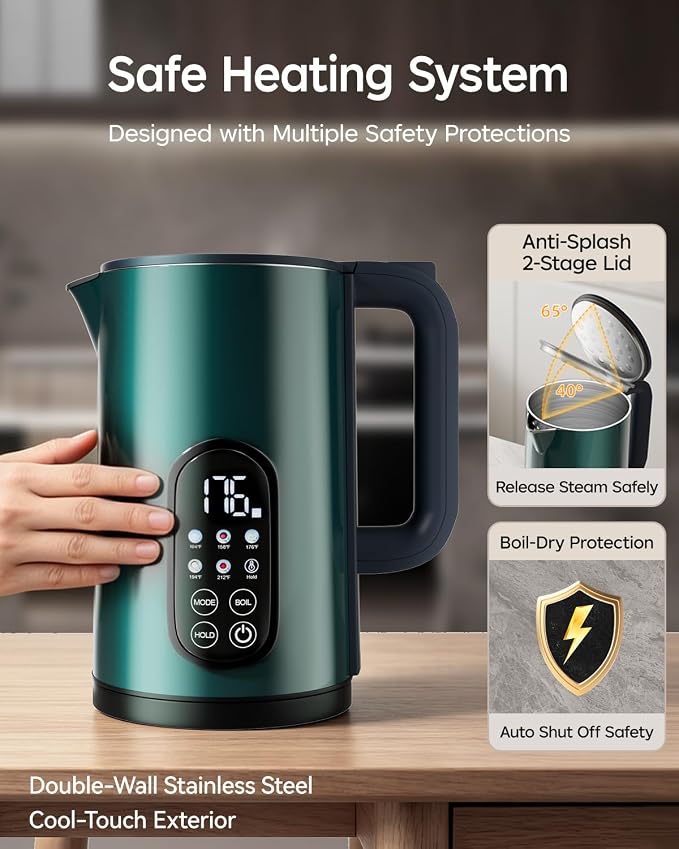 1.7L Stainless Steel Electric Kettle with Temperature Control – Green | 5 Preset Temperatures for Tea & Boiling Water, 2H Keep Warm, 1200W BOIL Mode, 304 Stainless Steel Interior, Cordless Base