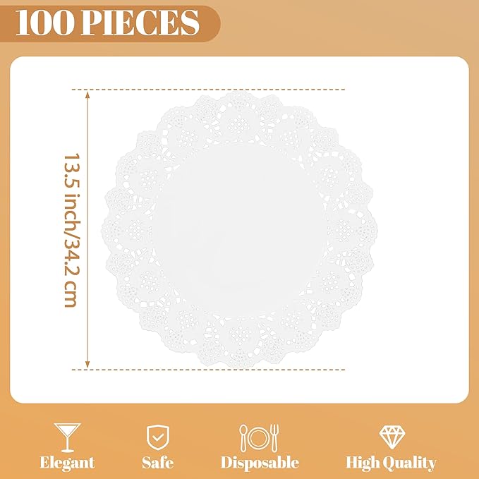 100 Pack 13.5 Inch Round White Paper Doilies, Disposable Lace Placemat | Rustic Scallop Doily Table Pads, Heavy-Duty Paper Place Mats for Cakes, Crafts, Parties, Weddings, Buffet, Home Decor