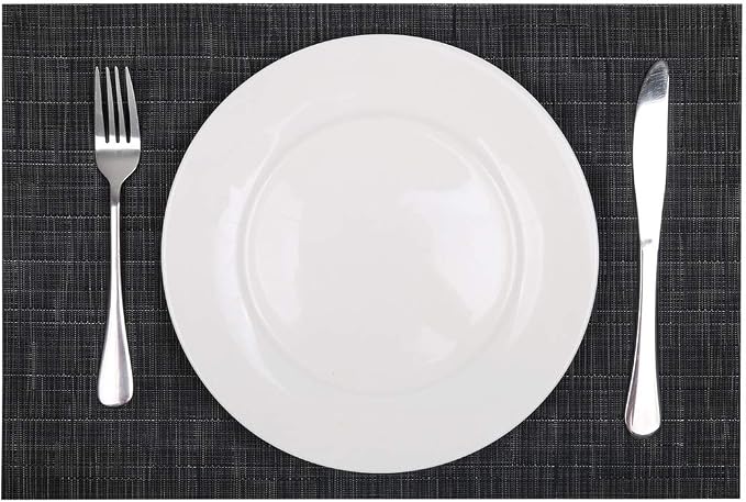 SHACOS Placemats Set of 6 Woven Vinyl Place Mats for Dining Table Wipe Clean Stain Resistant Table Mats Indoor Outdoor (6, Black)