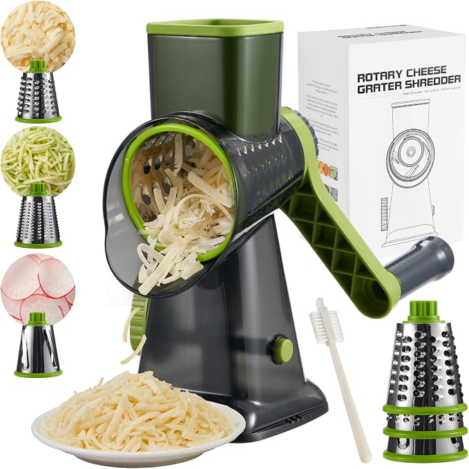 Rotary Cheese Grater hand crank 3 blades with Stronger Suction Base | Stainless Steel Blades for Fruits, Vegetables, Nuts. Dishwasher Safe & Easy to Clean, Transparent Black & Green