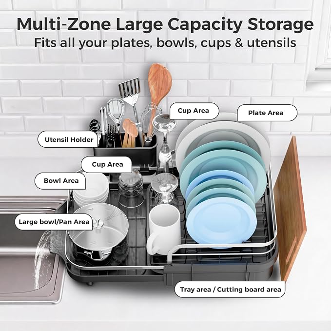 Expandable Stainless Steel Single Tier Dish Drying Rack, Auto Drain Dish Drainer for Kitchen Counter with Rotatable Multi-Slot, Drainboard, Utensil & Cutting Board Holder, 15"-22.4" Adjustable Length