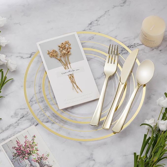 BESTVIP 150PCS Plastic Dinnerware Set (25 Guests), Clear Gold Disposable Plates for Party, Wedding, Christmas, Anniversary, Includes: Dinner Plates, Dessert Plates, Cups, Spoons, Forks and Knives | for Party, Wedding, Christmas, Includes: Dinner Plates...