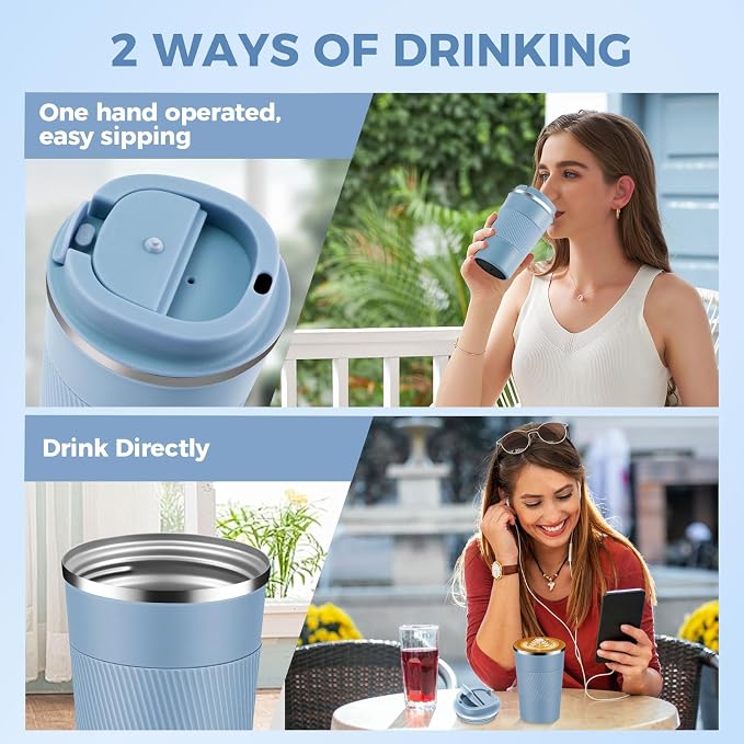 Volhoply 13 oz Stainless Steel Insulated Travel Coffee Mug with Fip Lid Bulk 4 Pack,Reusable Double Wall Vacuum Metal Coffee Cup,Portable Leak Proof Thermal Tumbler for Hot & Cold Drinks(Fog,4)