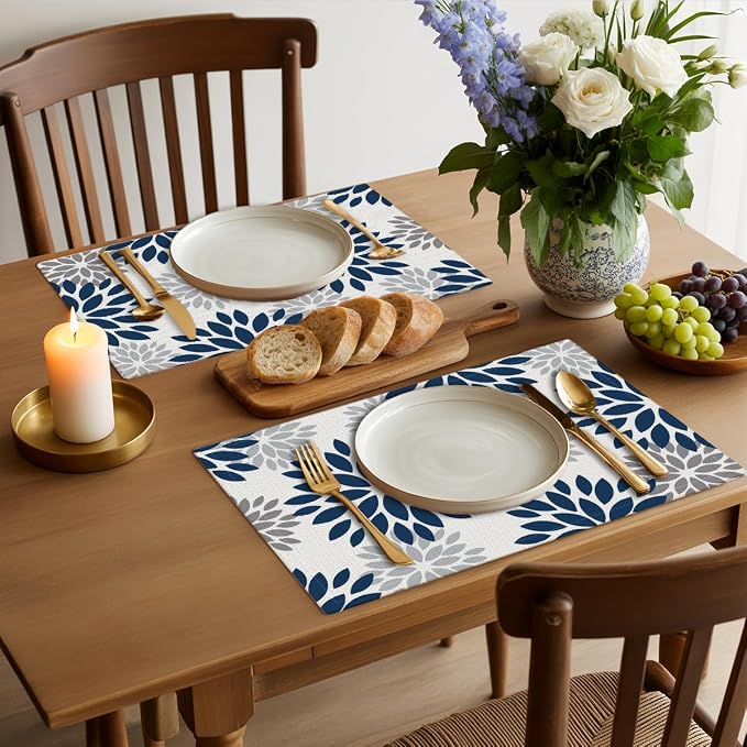 Floral Vinyl Placemats Set of 4, Housewarming Gift for Women Mom | Flowers Table Mats Heat Resistant Table Mats for Party Kitchen Dining Table Decor Festivals Christmas Birthdays