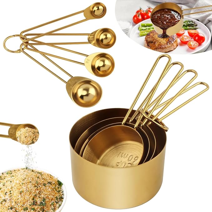 8pcs Measuring Cups and Spoons Set, Stainless Steel Measuring Cup Coffee Spoon Kitchen Gadgets, Stackable Measurin-g Cup Cooking Baking Accessories, Easy To Read(COLOR:gold)