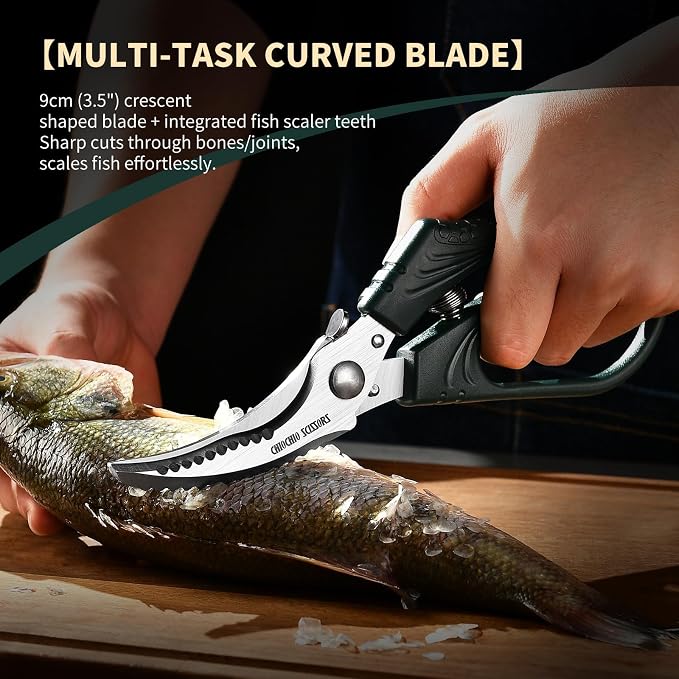Poultry Shears，Heavy Duty Kitchen Shears with Anti-Slip Handle & Safety Lock，for Meat, Chicken, Bone, Turkey, Fish，Spring-Loaded, Dishwasher Safe