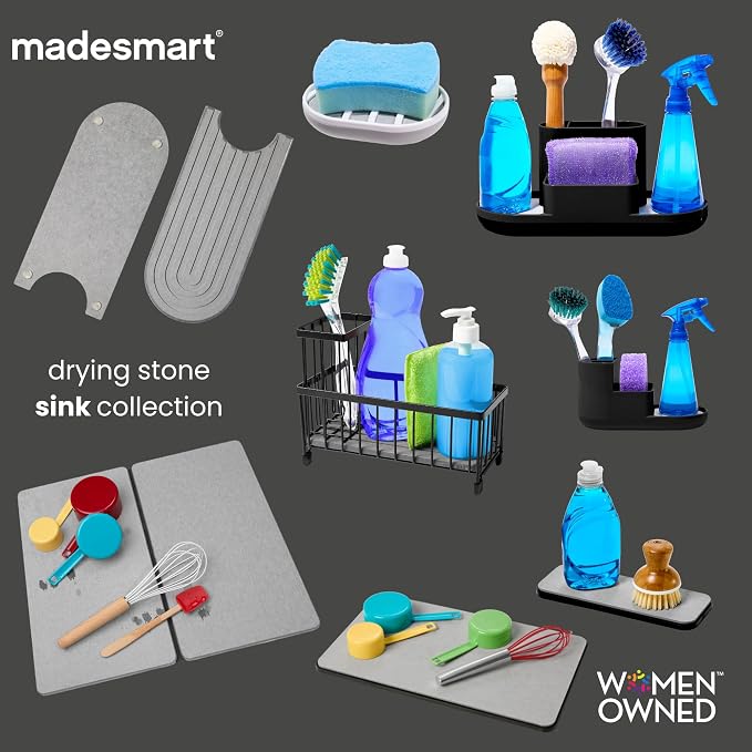 madesmart Drying Stone Sink Caddy with Brush Holder, Black | diatomite tray, fast drying surface open airflow, soap sponge area, cleaning tools, woman owned