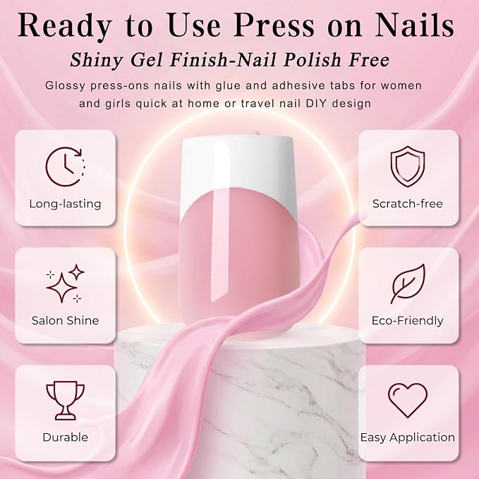 240pc Medium French Tip Press on Nails Square Fake Nails with Glue Tabs | Medium Nails Press ons Square Glue on Nails Pink Acrylic Nails Stick False Nail Artificial Fingernail for Women Girls