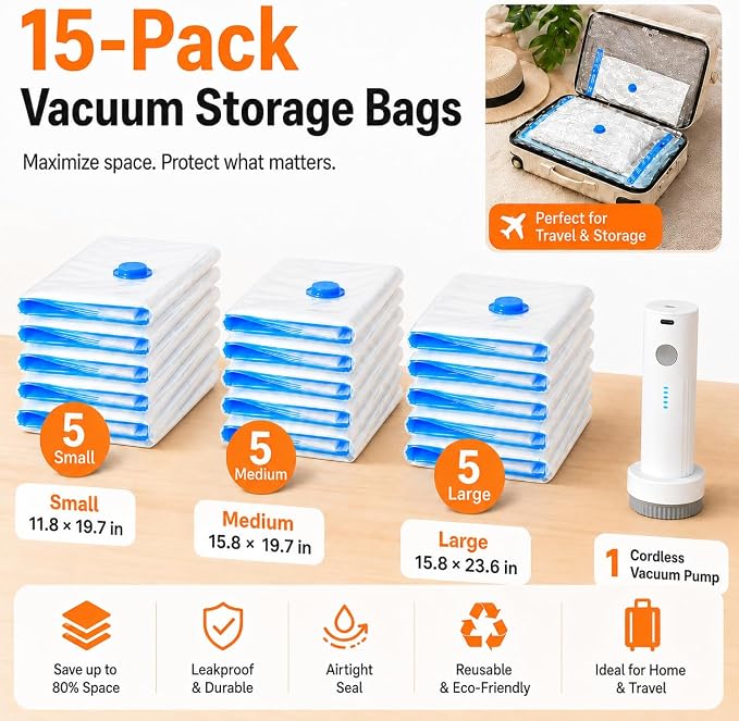 15 Pack Vacuum Bags for Travel with Rechargeable Pump, Save Luggage Space | Transparent Bag Design for Easy Clothing Organization, 1500mAh USB-C Wireless Pump, Ideal for Suitcases, Backpacks, Wardrobes