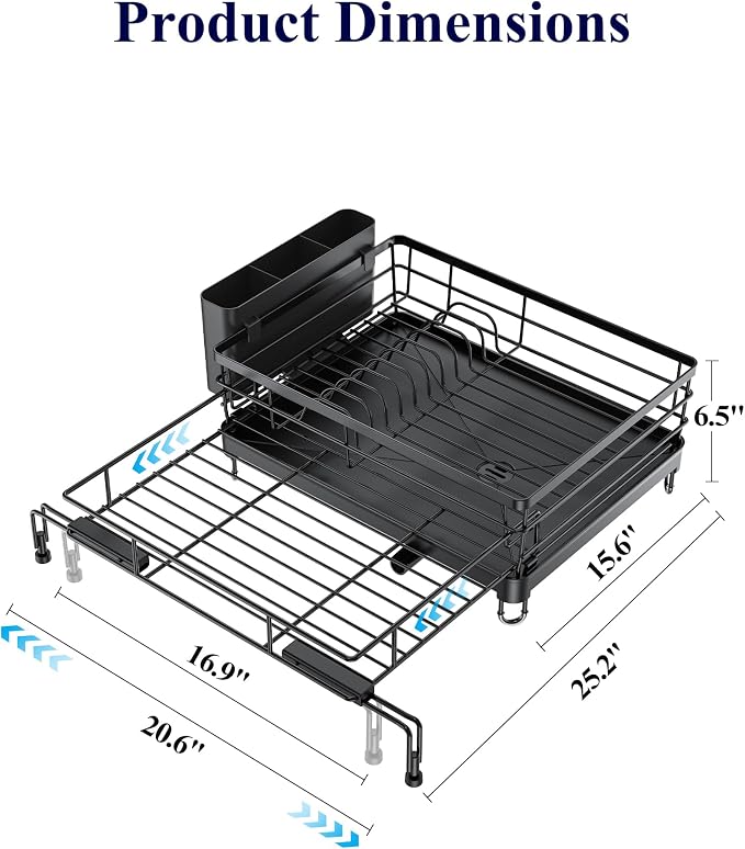 Kitsure Adjustable Dish Drying Rack, 15.6''-25.2''L × 16.9''W, Black | Large Dish Drying Rack, Rust-Resistant Dish Racks for Kitchen Counter, With Adjustable Support Legs, Cutlery Holder