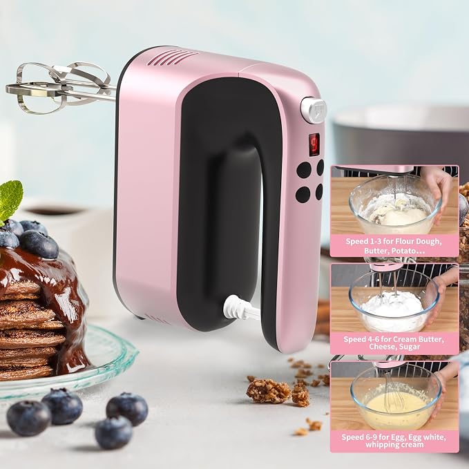 Yomelo 9-Speed Digital Hand Mixer Electric, 400W Powerful DC Motor, Hand Mixer Electric Handheld with Snap-On Storage Case, 5 Stainless Steel Accessories, Beaters, Dough Hooks, Whisk(Rose Gold)