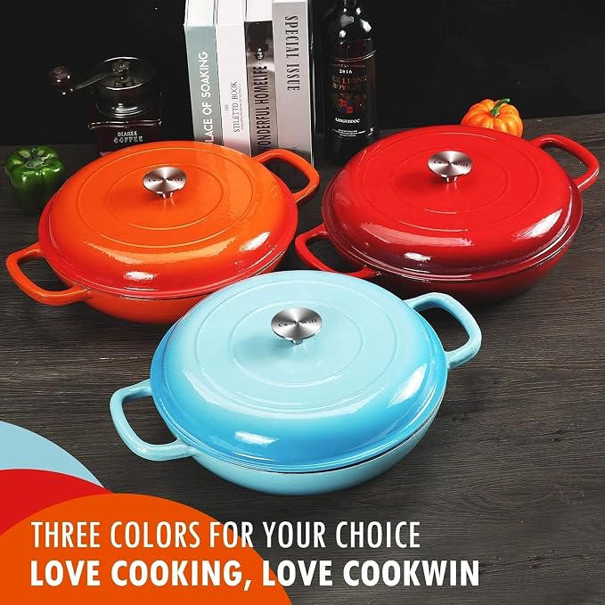 Cast Iron Casserole Braiser, 3.8 Quart Enameled Cast Iron Dutch Oven Pan with Lid, Heavy Duty and Dual Handles Skillet, Oven-Safe Porcelain Surface Casserole Dish, Red