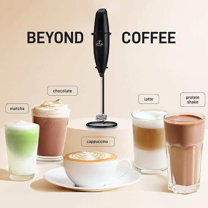 Zulay Kitchen Powerful Milk Frother Wand With Duracell Batteries - Ultra Fast Handheld Drink Mixer - Electric Whisk Foam Maker for Coffee, Lattes, Cappuccino & Matcha - Double Whisk - Exec Black