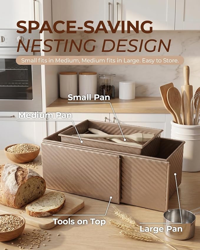 CARTMAN 3-Piece Pullman Loaf Pan with Lid, 2.2/1/0.8 LB Bread Pan, Gold | Includes 2.2/1/0.8 LB sizes & silicone tools, bottom vents, nonstick carbon steel, nesting storage, for bread & brownies