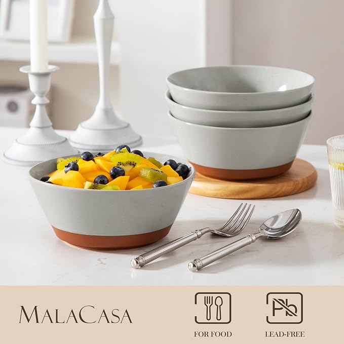 MALACASA Soup Bowls, Ceramic Salad Bowls Set of 4, 36oz Ceramic Bowls | Speckled Deep Bowls for Ramen, Cereal, Fruit and Pho, Microwave & Dishwasher Safe, Stackable, Grey & Brown, Series TARA