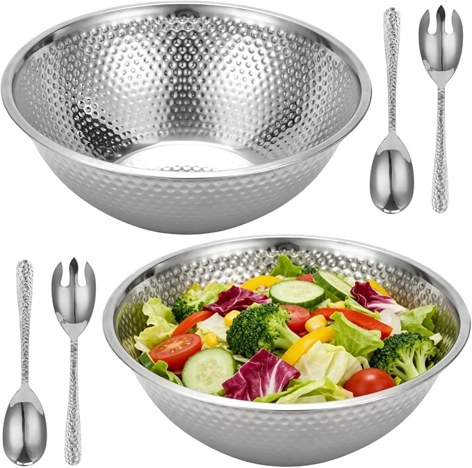 2 Pcs 13 Inch Silver Stainless Steel Salad Bowl Set, 4-Pc Utensil Set | Kitchen mixing bowls for salad, soup, prep, serving, and food storage; silver stainless steel look suits table setups