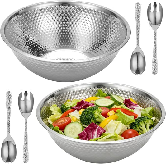 2 Pcs 13 Inch Silver Stainless Steel Salad Bowl Set, 4-Pc Utensil Set | Kitchen mixing bowls for salad, soup, prep, serving, and food storage; silver stainless steel look suits table setups