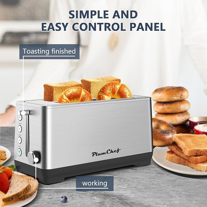 Plum chef 4-Slice Toaster, Extra Wide Long SIot Toaster, 6 Browning Settings, Bagel/Defrost/Reheat Functions, Removable Crumb Tray, Stainless Steel Housing 135oW (Stainless Steel)