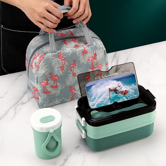 2-Tier Bento Lunch Box for Women & Adults with Insulated Lunch Bag | 50 OZ Large Capacity Bento Box with BPA-Free Utensils & Cup & Sauce Container, Leakproof, Microwave Safe for Work & Meal Prep