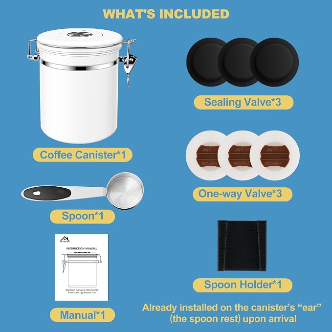 ShanSon Coffee Canister Airtight, Stainless Steel Bean Storage Container with Date Tracker & Scoop, Grounds Sugar Flour Tea Cereal Fits Kitchen Pantry, Ideal Gift for Coffee Lovers,12oz, White