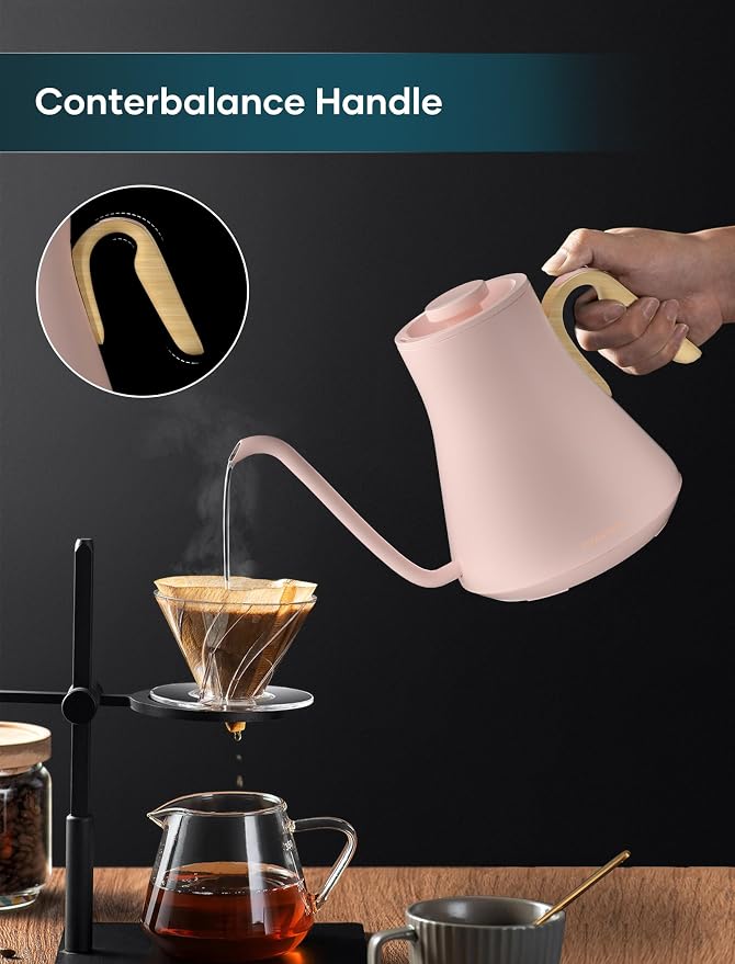 INTASTING Gooseneck Electric Kettle with ±1℉ Temperature Control 0.9 Liter | 1500W Quick Heating, Stainless Steel Inner, Pour Over Coffee & Tea, Keep Warm, Auto Shut-Off, Built-in Brew Timer, Pink