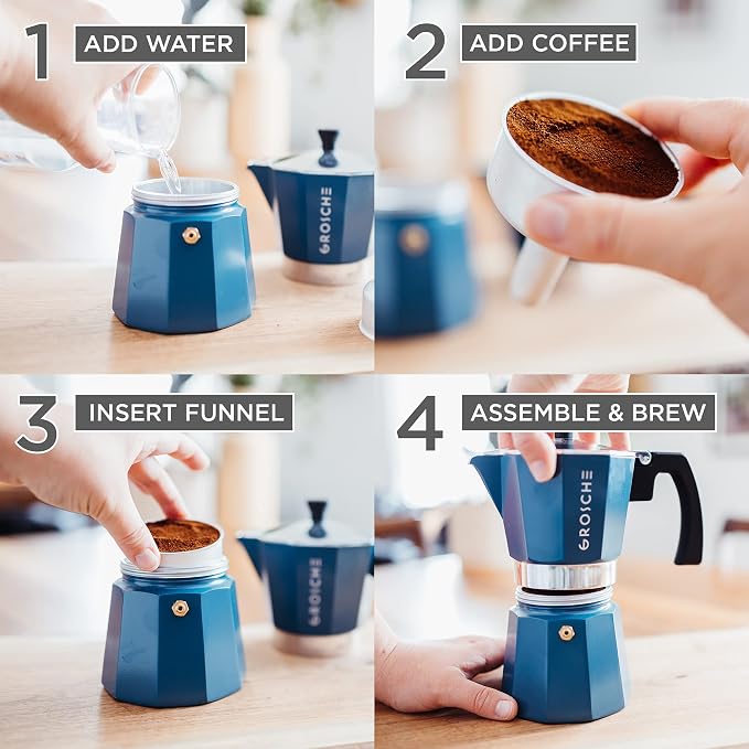 GROSCHE Milano Stovetop Espresso Maker Moka Pot 6 espresso Cup, 9.3 oz Blue | Cuban Coffee Maker And Italian Moka Pot For Stovetop Espresso; For Gas, Electric, And Propane Stoves With A Soft-Touch Handle
