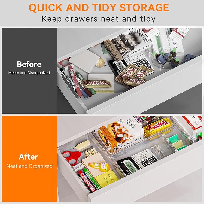 30 Pack Large Clear Plastic Drawer Organizer Bins - Acrylic Kitchen Drawer Organization and Storage Dividers for Utensils Gadgets, Office Bathroom and Vanity Organizer for Makeup Accessoires