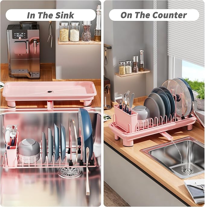 Small Dish Drying Rack, Stainless Steel with Drain Board & Utensil Holder | Anti-Scratch Base, Space Saving Design for Kitchen Counter, Pink