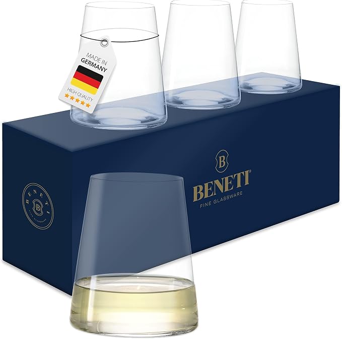 BENETI German Made Stemless Wine Glasses set 4 | Premium 17oz Stemless Wine Glass | Crystal Glass Cups For Red & White Wine, Modern Durable Drinking Glasses, Gift Idea for Men or Women