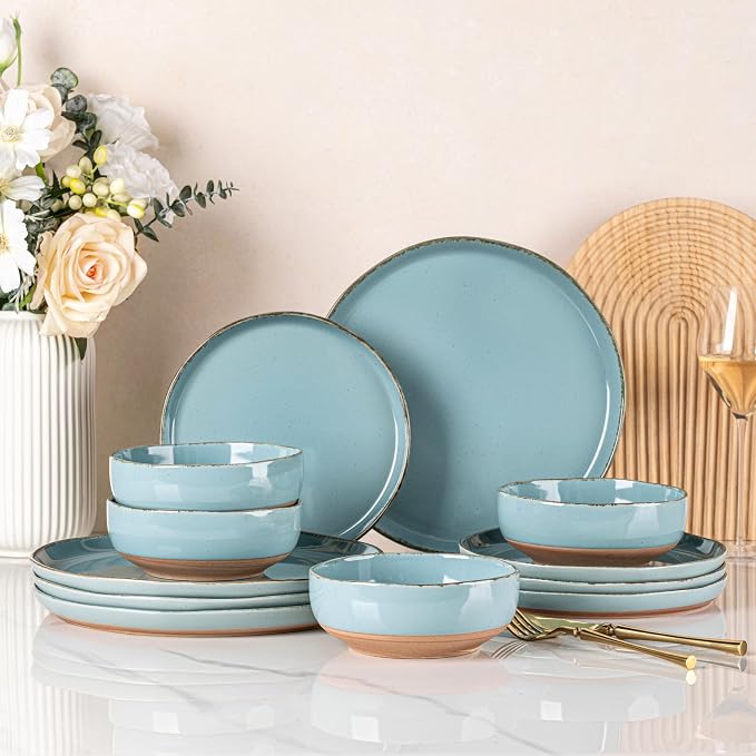 AmorArc Dinnerware Sets for 4, 12 Pieces Ceramic Plates and Bowls Set | Scratch Resistant Stoneware Dishes Set, Dishwasher & Microwave Safe, Stone Blue