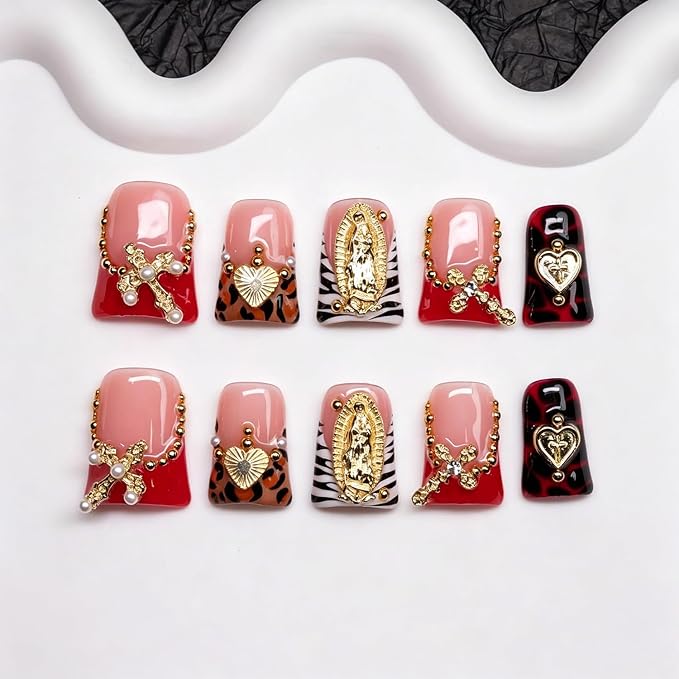 Short Duckbill Press on Nails Handmade False Nails Red French Tips Stick on Nail with Rhinestones & 3D Heart Designs Hand Made Press on Nails Muti-Layer Gel Artificial Acrylic Nail for Women（M)