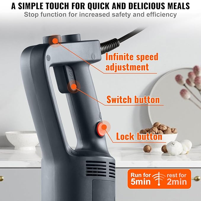 VEVOR Commercial Immersion Blender, 500 Watt 20Inch Heavy Duty Hand Mixer, Variable Speed Mixer with 304 Stainless Steel Blade, Multi-Purpose Portable Mixer for Soup, Smoothie, Puree, Baby Food | Variable Speed Mixer with 304 Stainless Steel Blade, Ide...