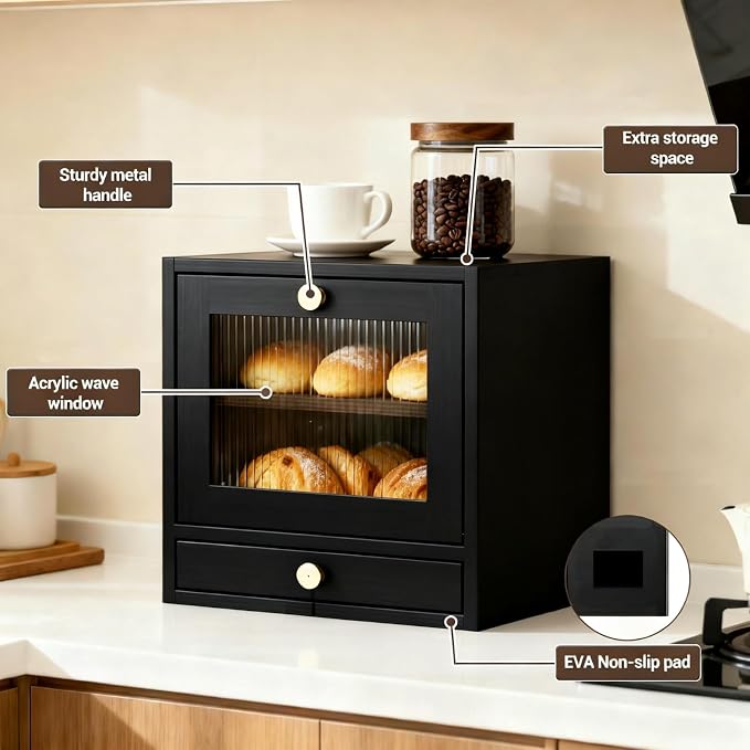 Garvee Bread Box for Kitchen Countertop with Drawer, 2-Tier Large Wooden Bread Storage Bin with Cutlery Organizer, Farmhouse Bread Keeper for Homemade Bread with Acrylic Window, Black