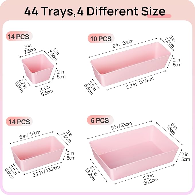 Vtopmart 44 PCS Plastic Drawer Organizers Set, Vanity Organizer Trays, Pink | 4-Size Versatile Makeup Organizer, Non-Slip Storage Containers for Makeup, Jewelries, Bedroom，Kitchen Utensils and Office