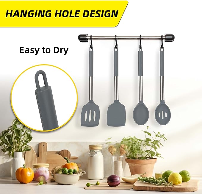 4 Pack Silicone Utensils Set，Non Stick Solid Spatulas, Slotted Spoons with Stainless Steel Handle，Spatulas for Cooking，Frying, Mixing, Serving -Grey