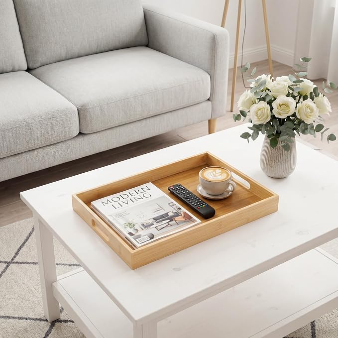 RRX Wood Serving Trays with Handles, Set of 7 Rectangular Tray, Beige | Nesting Bamboo Tray for Breakfast in Bed, Kitchen, Entertaining, Couch, Party, Platters, Coffee Table, Countertop Home Decor
