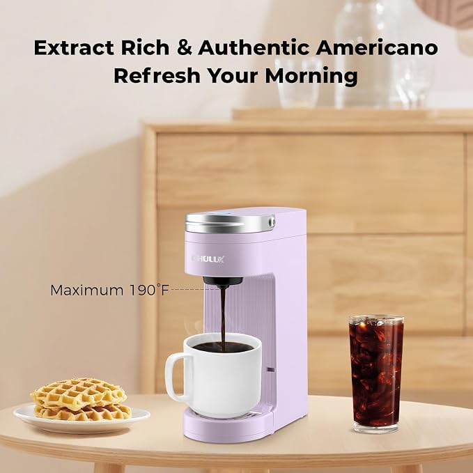 CHULUX Compact Single Serve Coffee Maker Brewer for K Cup Pod, Light Violet | Fast-Heating Boiler System, 4-Hole Needle for Richer Flavor, Adjustable Drip Tray for 7.3" Travel Mug, Food Grade Material
