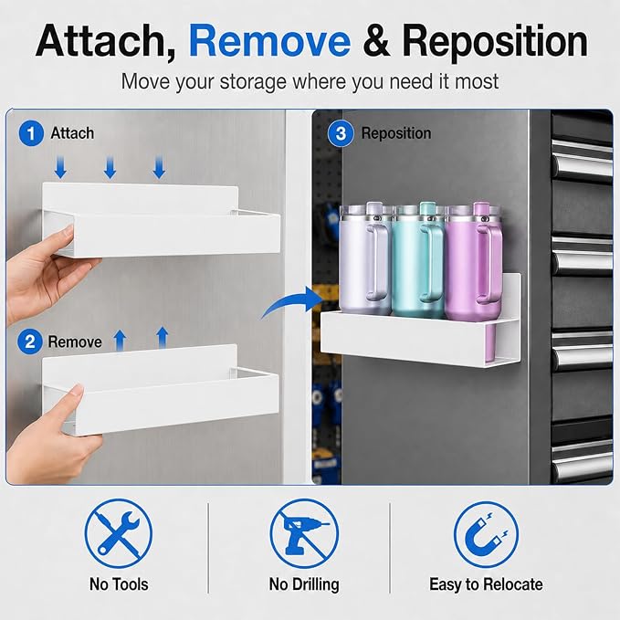4 Pack Magnetic Cup Holder Heavy Duty, 12 Cup Capacity Water Bottle Organizer fit for Stanley Cup, Tumbler Storage Rack for Kitchen, Side of Fridge, Garage, Laundry Room, Cabinet, Pantry, RV - White
