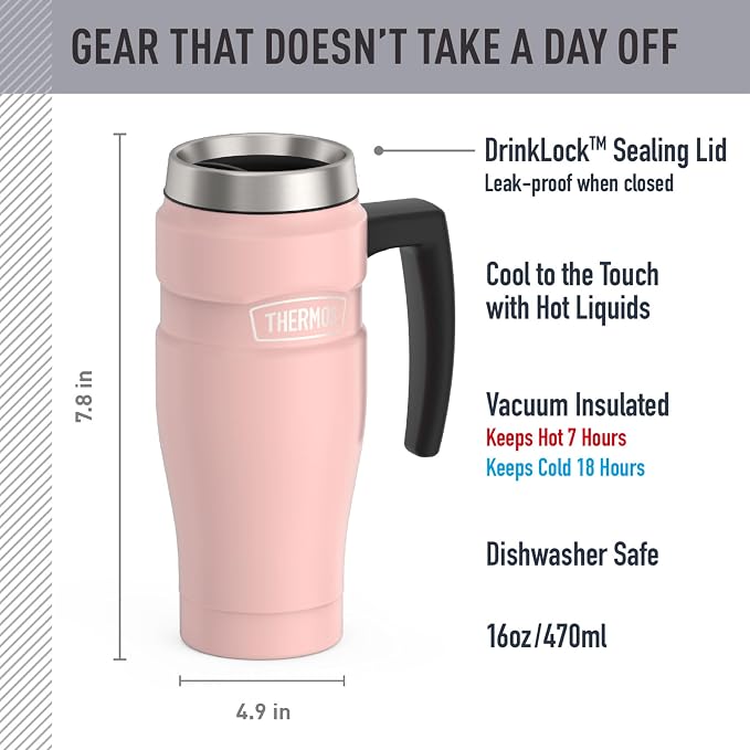 THERMOS Stainless King Travel Mug with Handle, 16oz, Matte Pink | Vacuum-Insulated Travel Mug with Handle for Hot & Cold Drinks, Stainless Steel Coffee Mug with Lid for Commuting