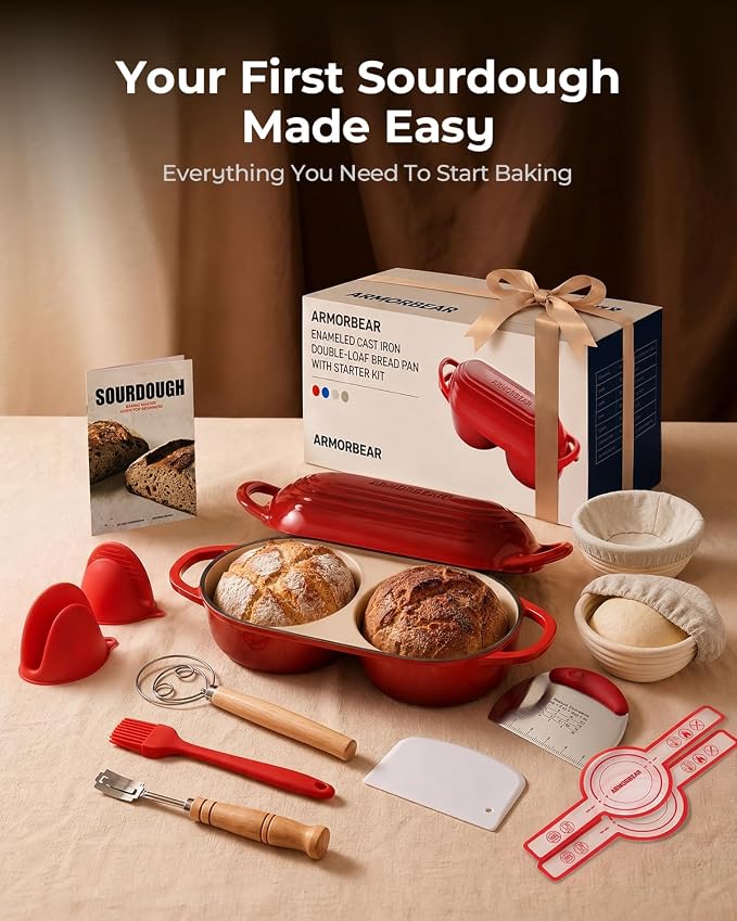Sourdough Bread Baking Kit with Double Loaf Cast Iron Bread Pan, Red | Bakes two mini loaves at once with banneton proofing baskets included