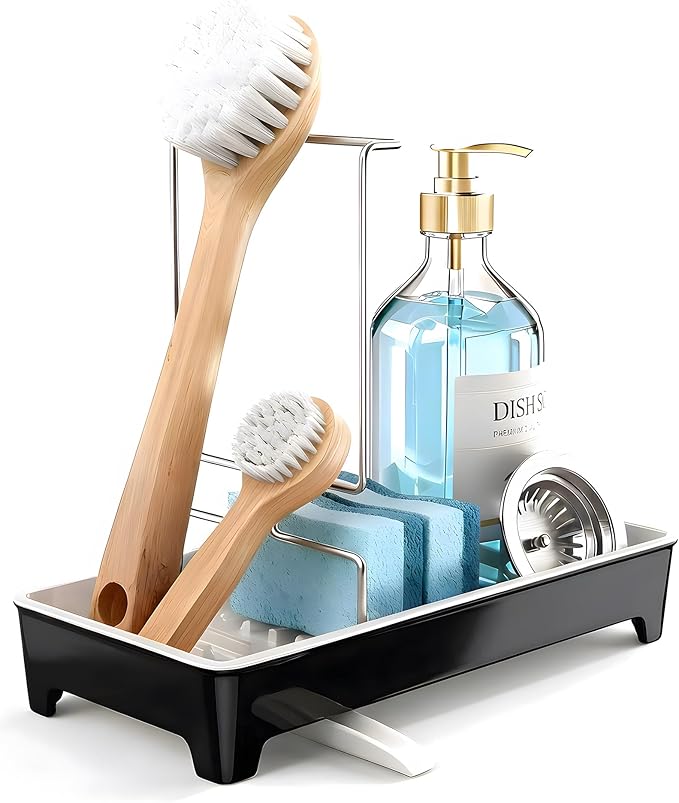 Minimalist Sink Caddy, Rustproof Sponge Holder for Kitchen Sink Black | Large Rustproof countertop organizer with 304 stainless steel brush holder, raised ridges and silicone drain tube