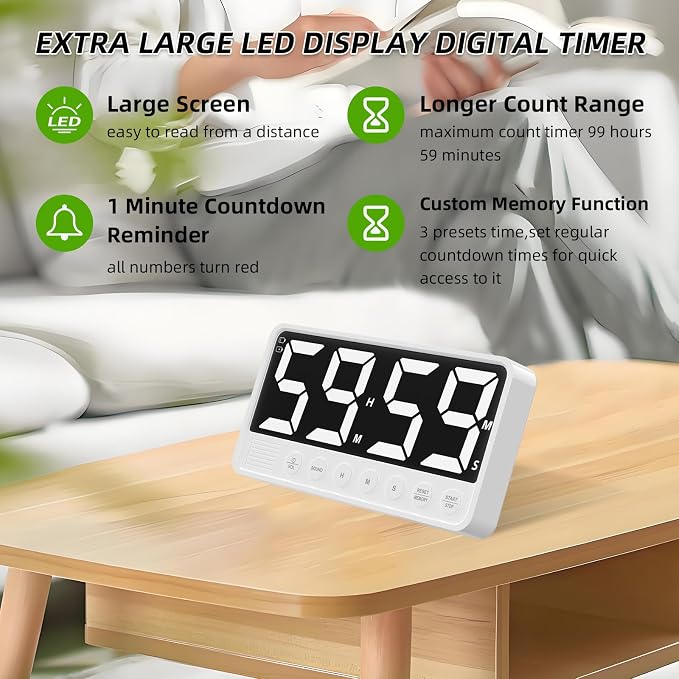 Extra-Large Display Digital Kitchen Timer with 7.4” LED Screen, 6 Alarms & 4 Volume Levels, 3 Memory Presets, Magnetic Stand Rechargeable Count Down/Up Timer for Cooking Home Gym, White