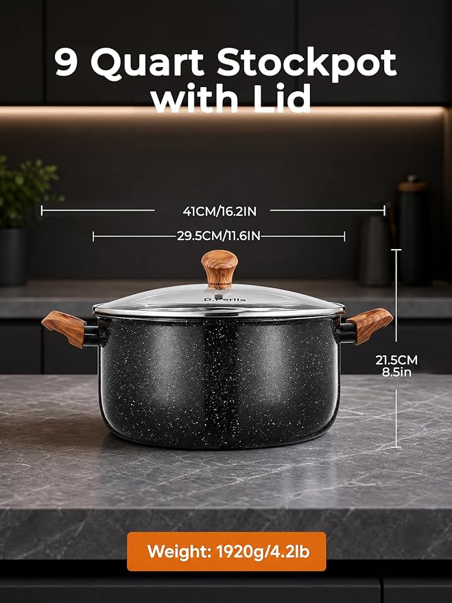 D.Perlla 9 Quart Large Stock Pot with Lid, Nonstick Induction Soup Pot | Aluminum Cooking Pot with Ceramic Non-stick Coating Compatible with All Cooktops, Black